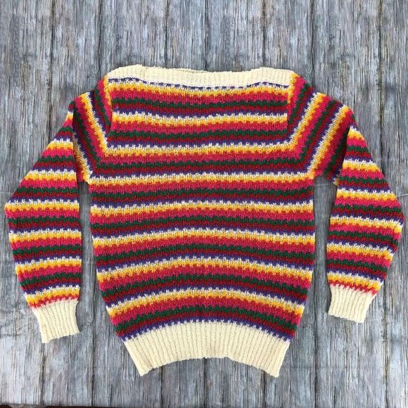 80’s Vintage Rainbow Stripe Knit Boatneck Long Sleeve Sweater size Small - Picture 2 of 8